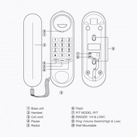 Portable Corded Telephone Phone Pause/ Redial/ Flash Wall Mountable Base Handset for House Home Call Center Office Company Hotel