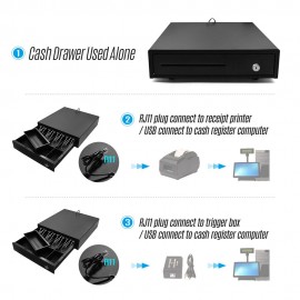 Heavy Duty Cash Drawer Four-Grid Three-Gear POS Cash Register Drawers Cashbox  with Money Tray and Lock RJ11 Interface Smart POS System