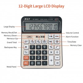Office Desktop Calculator 12 Digit Large Display LCD Metal Surface Big Sensitive Buttons Battery Powered Electronic Calculator with Time Date Show Alarm Clock Function for Business Home Supplies
