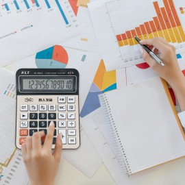 Office Desktop Calculator 12 Digit Large Display LCD Metal Surface Big Sensitive Buttons Battery Powered Electronic Calculator with Time Date Show Alarm Clock Function for Business Home Supplies